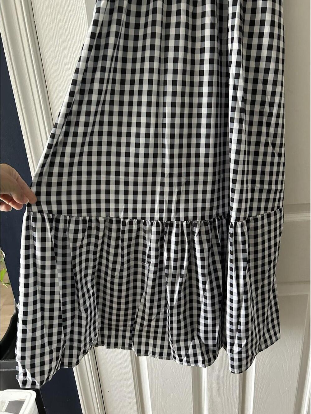 Gingham Smocked Maxi Dress Ruffle Strap Black/White Square Neck Sleeveless Small - Picture 3 of 6